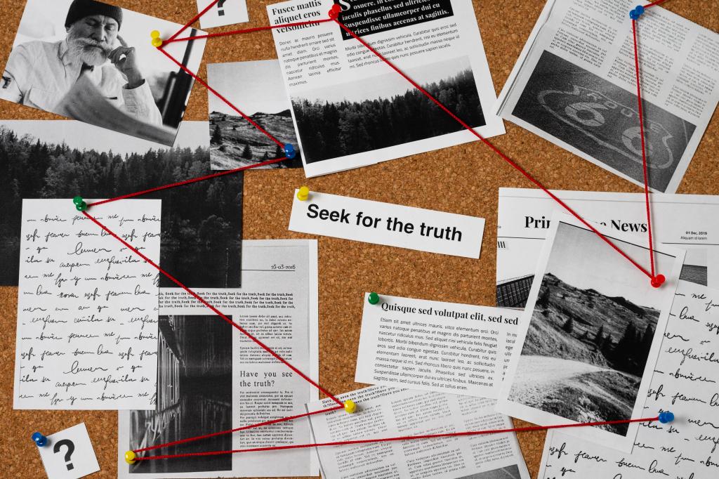 a brown corkboard littered with random photos, notes, and clippings held in place with colorful plastic pins, with red yarn strung between the pins connecting different articles. In the middle, a clipping says "seek for the truth."